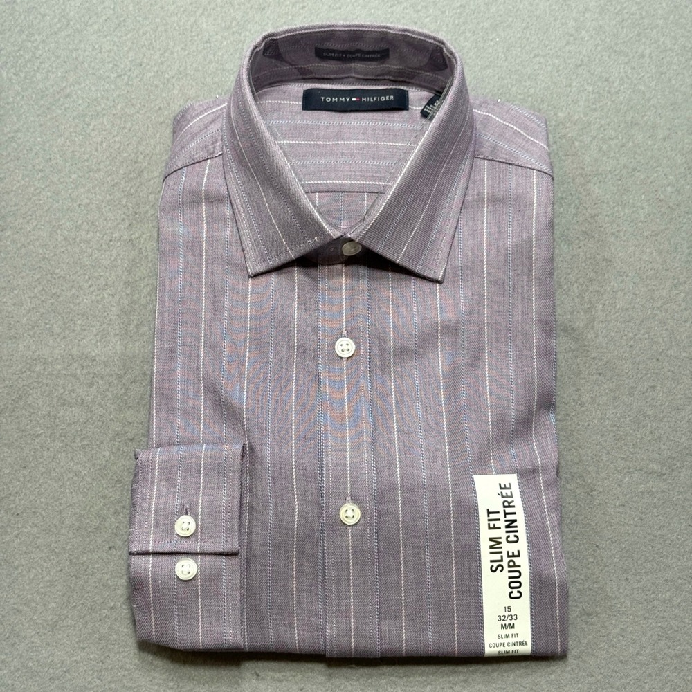 NEW Tommy Hilfiger Dress Shirt Mens 15 32/33 Purple Striped Slim Fit Button Down